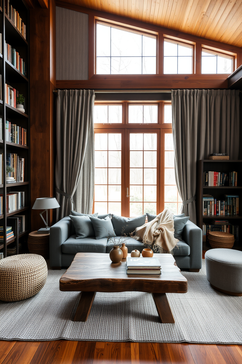 A contemporary gray pendant lighting fixture hangs elegantly from the ceiling, casting a warm glow over the reading area. The fixture's sleek design complements the modern aesthetic of the space, enhancing the overall ambiance of the home library. The library features floor-to-ceiling bookshelves filled with an extensive collection of books, creating a cozy and inviting atmosphere. A plush gray rug lies beneath a comfortable seating arrangement, providing a perfect spot for relaxation and reading.