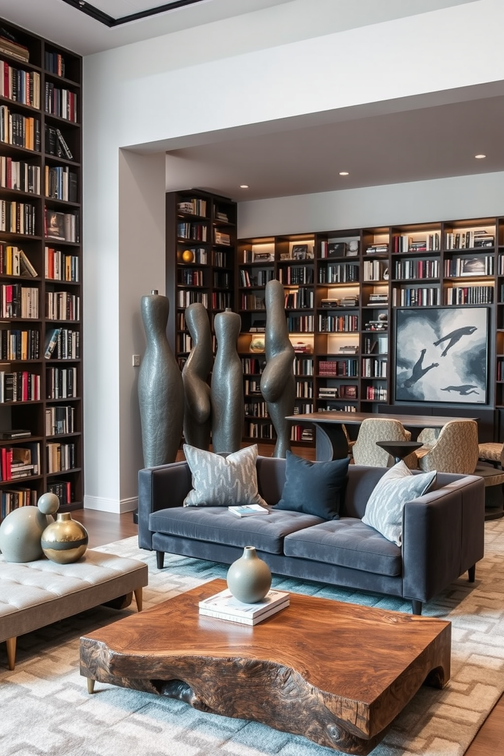 A cozy home library featuring textured gray wallpaper that adds depth to the space. The room is filled with dark wood bookshelves, a plush armchair, and a warm area rug that invites relaxation.