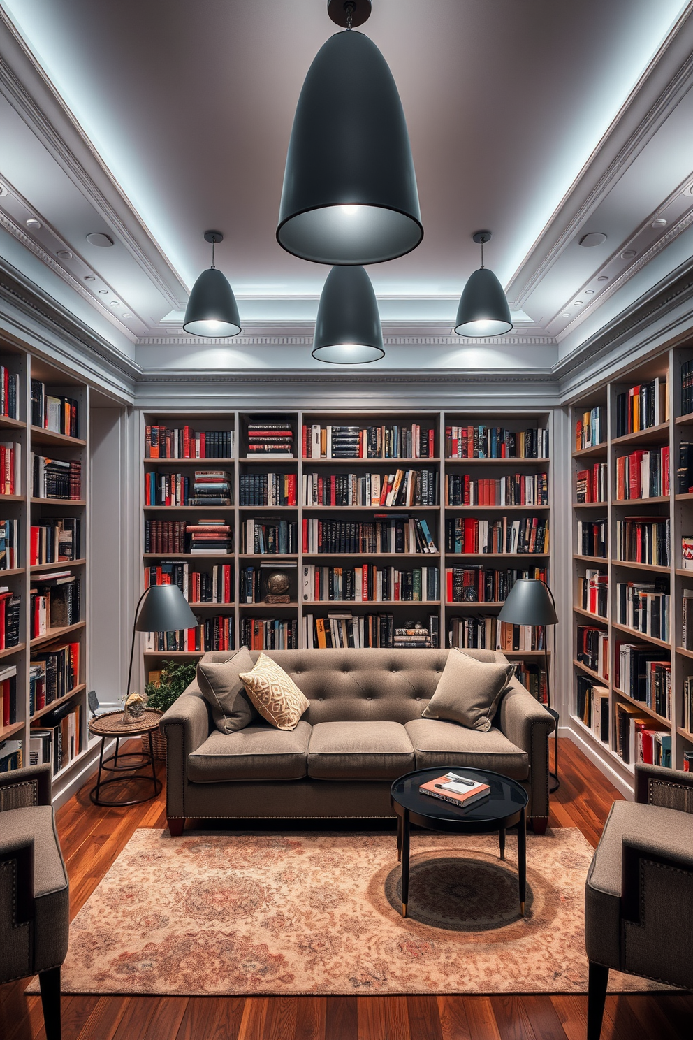 A cozy gray reading nook filled with plush cushions is nestled in the corner of a well-lit room. Soft natural light filters through large windows, illuminating the inviting space. The walls are lined with bookshelves filled with an array of books, creating a perfect backdrop for relaxation. A stylish floor lamp stands beside the nook, providing additional light for late-night reading sessions.