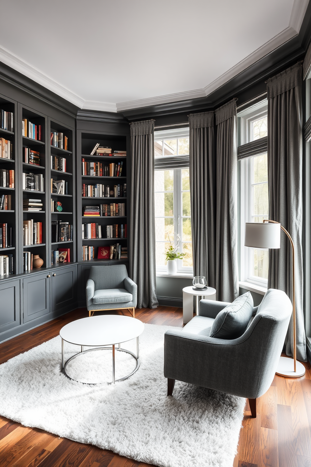 A vintage gray ladder leans against a wall, showcasing an array of books in an inviting home library. Surrounding the ladder, plush seating in muted tones creates a cozy reading nook, while warm lighting highlights the rich textures of the wooden shelves.