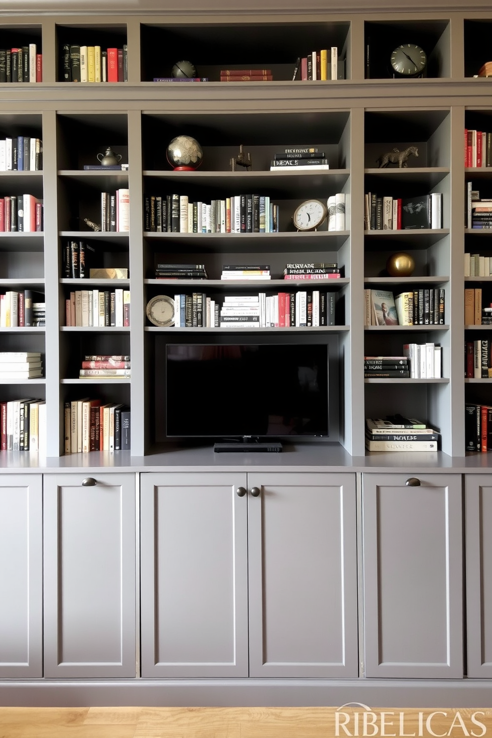 A stylish home library featuring floating gray shelves that enhance the modern aesthetic. The shelves are arranged asymmetrically, showcasing a curated collection of books and decorative items against a soft white wall.