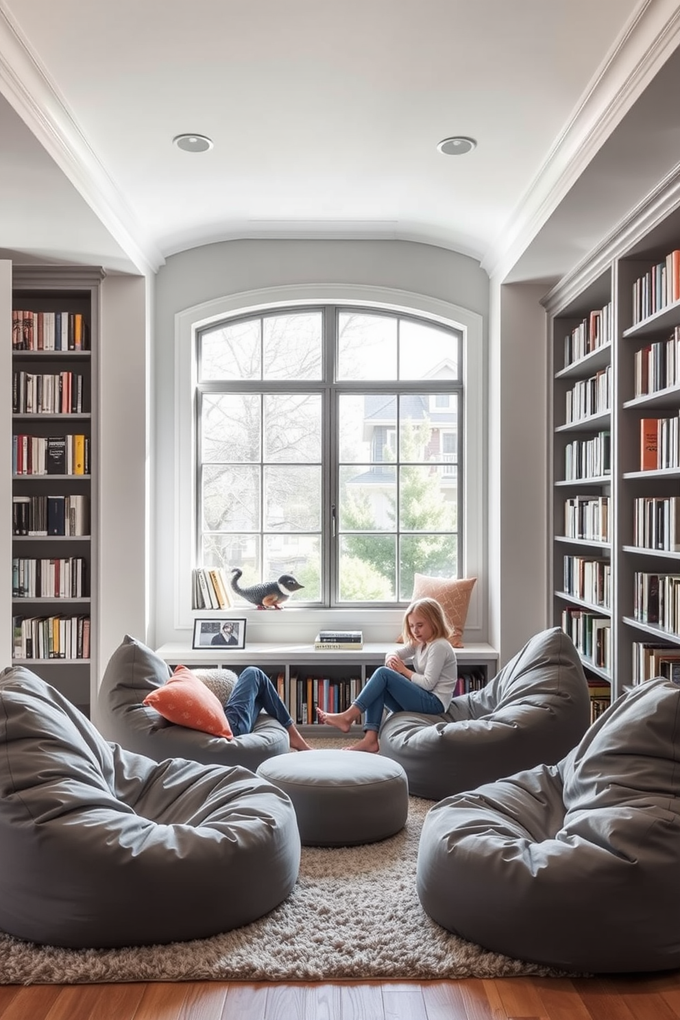 A soft gray chaise lounge is positioned in the corner of a cozy home library. The walls are lined with dark wooden bookshelves filled with an array of books, creating an inviting atmosphere for reading and relaxation. A plush area rug in neutral tones anchors the space, complementing the chaise lounge. Soft lighting from a stylish floor lamp casts a warm glow, enhancing the tranquil ambiance of the library.