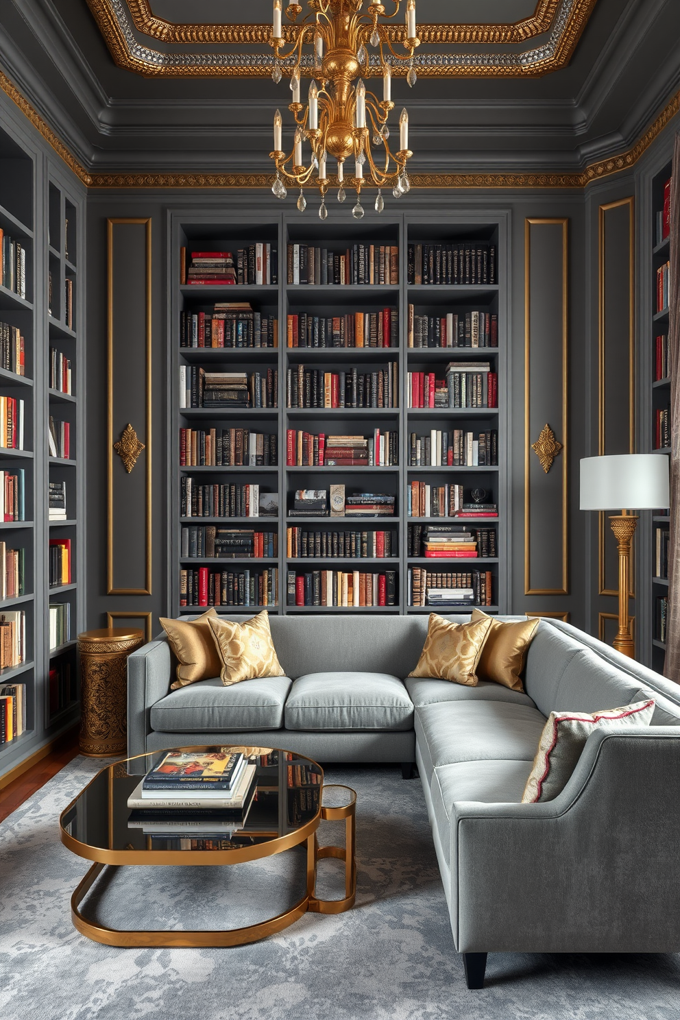 A sophisticated home library featuring gray walls adorned with elegant gold accents. Plush gray seating is arranged around a sleek gold coffee table, creating a cozy reading nook. The bookshelves are filled with an array of books, complemented by decorative gold bookends. A large window allows natural light to flood the space, highlighting the rich textures of the gray carpet.