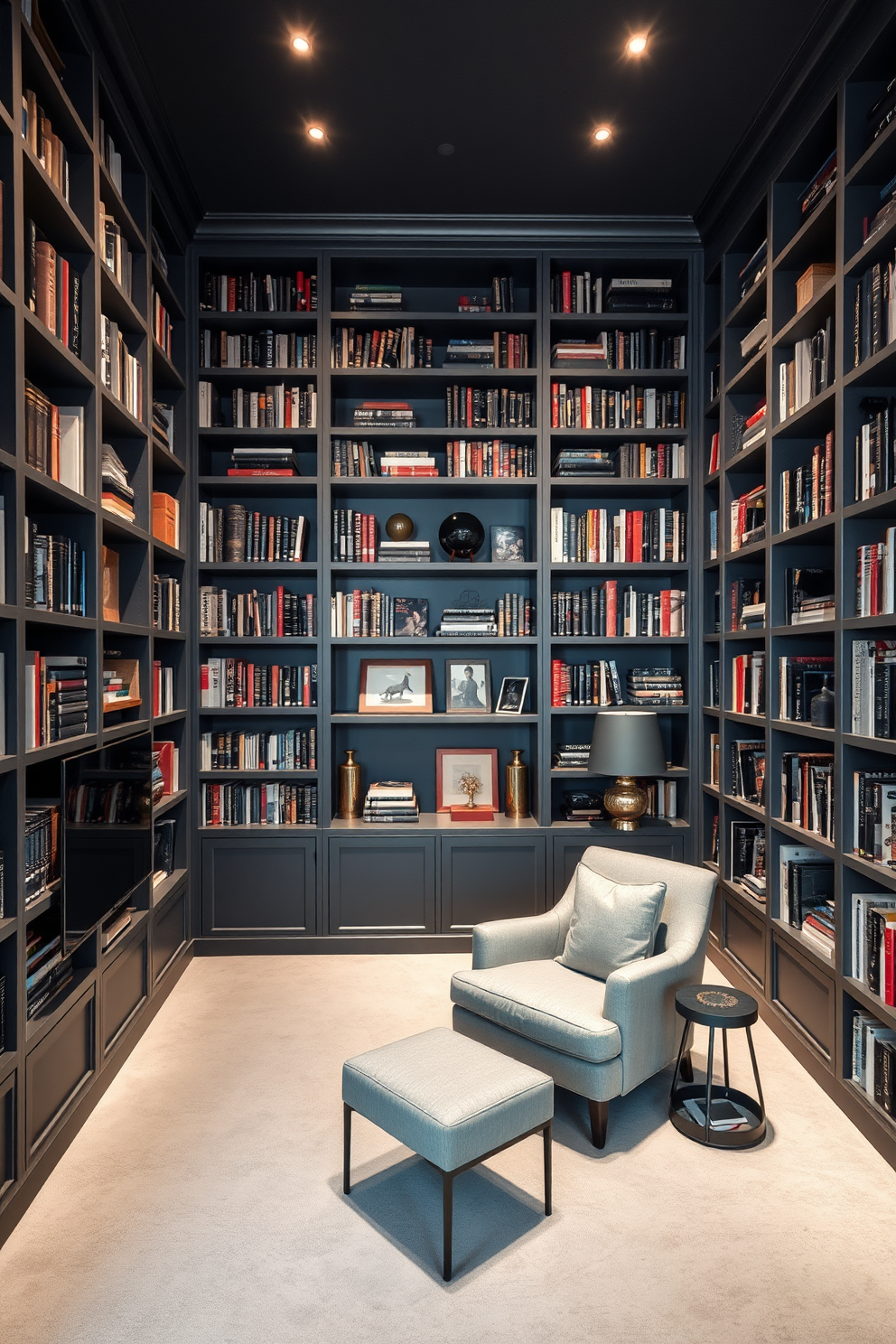 A bright gray ceiling with recessed lights creates an inviting atmosphere in the home library. The walls are lined with floor-to-ceiling bookshelves filled with an array of books, while a cozy reading nook with a plush armchair is situated in one corner.