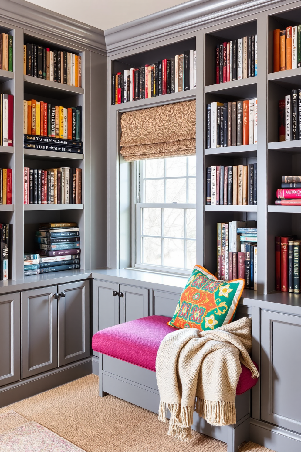 A gray fireplace mantel serves as the focal point of a cozy gathering space, adorned with carefully arranged books and decorative accents. Plush seating in soft fabrics complements the warm ambiance, inviting relaxation and conversation. The gray home library features floor-to-ceiling bookshelves filled with a curated collection of literature, illuminated by warm, ambient lighting. A comfortable reading nook with a stylish armchair and a small side table creates the perfect spot for enjoying a good book.