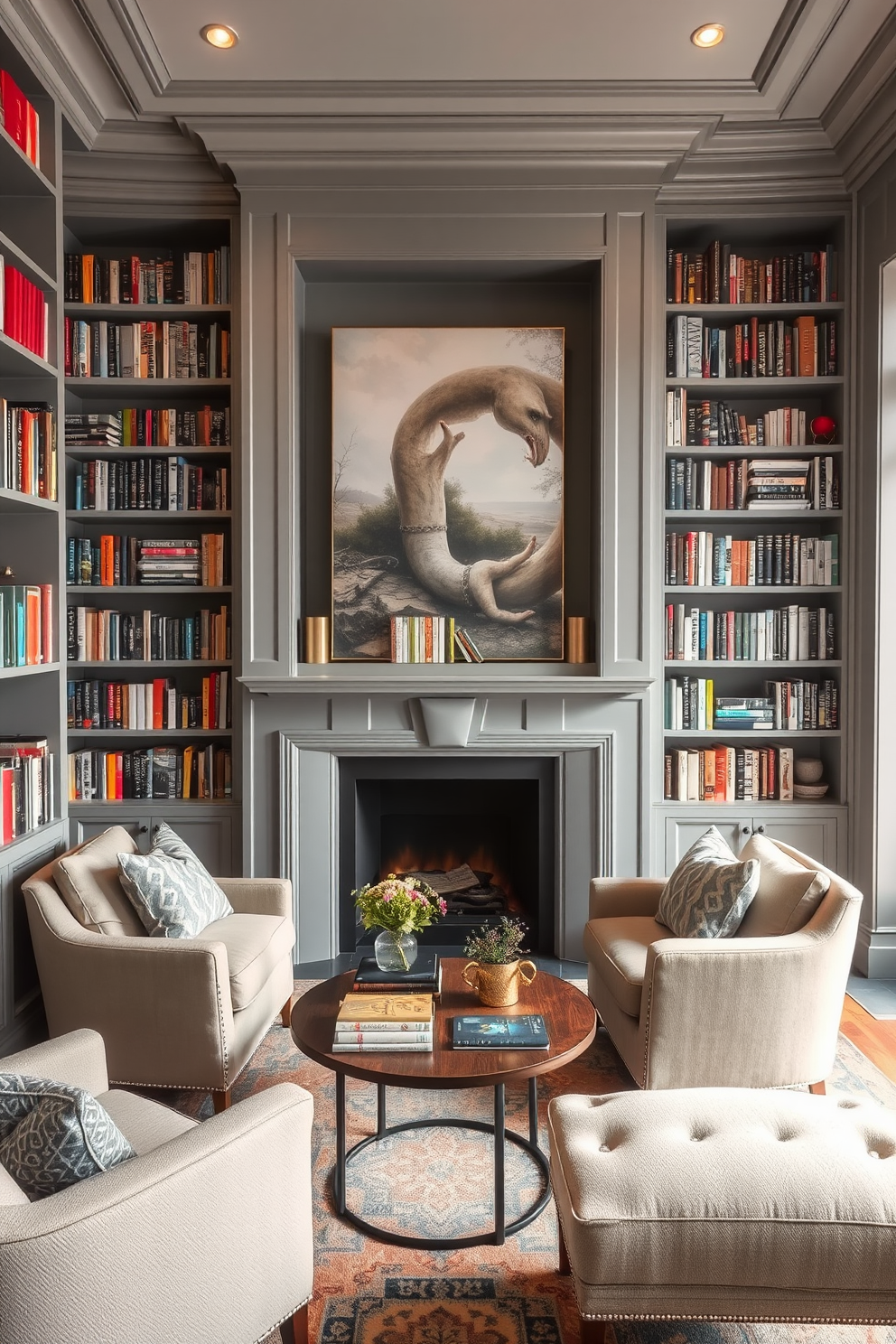 A cozy home library featuring a bold gray and black patterned area rug that adds depth to the space. The walls are lined with dark wooden bookshelves filled with an array of books, while a comfortable reading chair is positioned near a large window allowing natural light to flood in.