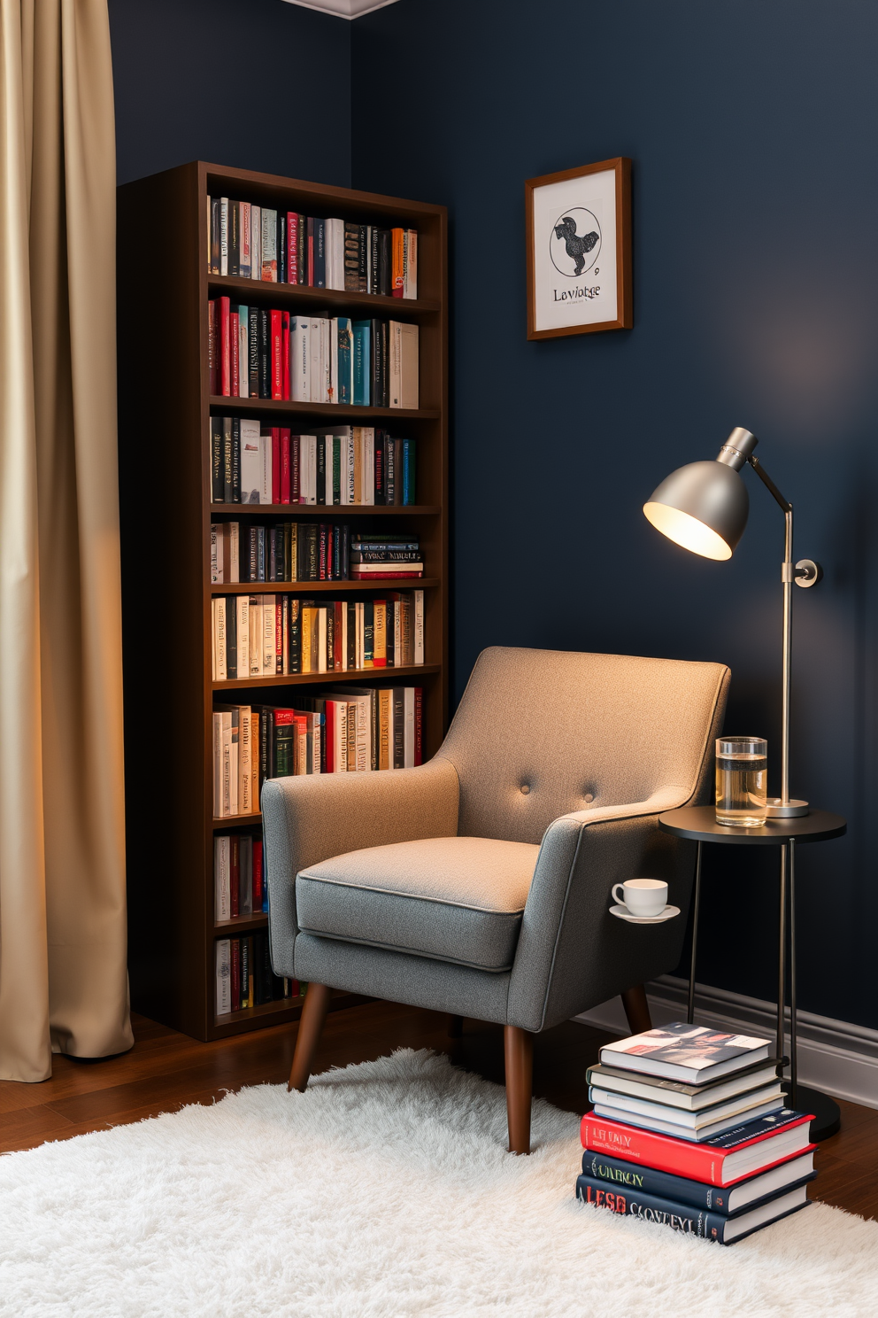 A modern gray desk seamlessly integrated with a built-in bookshelf creates a functional and stylish home library. The bookshelf features an array of books and decorative items, while the desk is adorned with minimalist stationery and a sleek desk lamp.