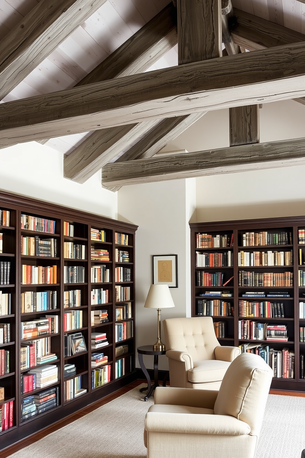 A cozy reading corner features a gray upholstered headboard that adds a touch of elegance and comfort. Surrounding the headboard are tall bookshelves filled with an array of books, creating an inviting atmosphere for literature lovers. The walls are painted in a soft gray hue that complements the upholstery, while a plush area rug lies beneath a stylish armchair. Ambient lighting from a modern floor lamp enhances the space, making it perfect for quiet reading sessions.