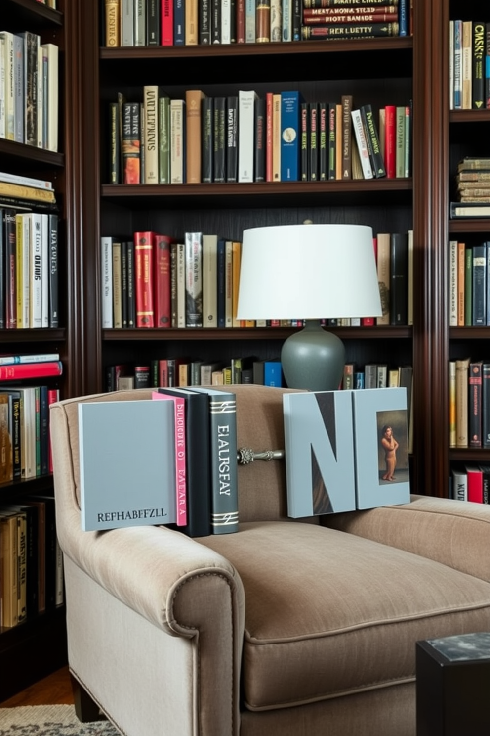 A cozy home library featuring creative gray storage boxes for organization. The shelves are lined with books, and the gray boxes are neatly arranged to maintain a tidy aesthetic.