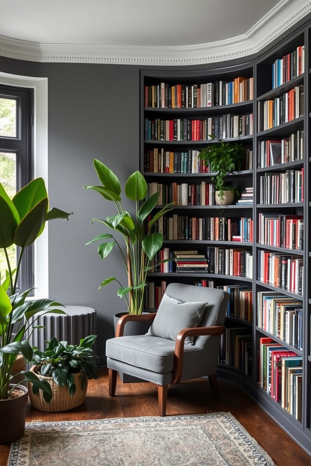 A serene home library featuring a gray and blue color palette that promotes tranquility. The walls are painted in a soft gray, while the shelves are filled with books in varying shades of blue and gray. A plush blue armchair is positioned near a large window, providing a cozy reading nook. The floor is covered with a light gray carpet, adding warmth to the space, and a sleek gray desk is placed against one wall for a stylish workspace.