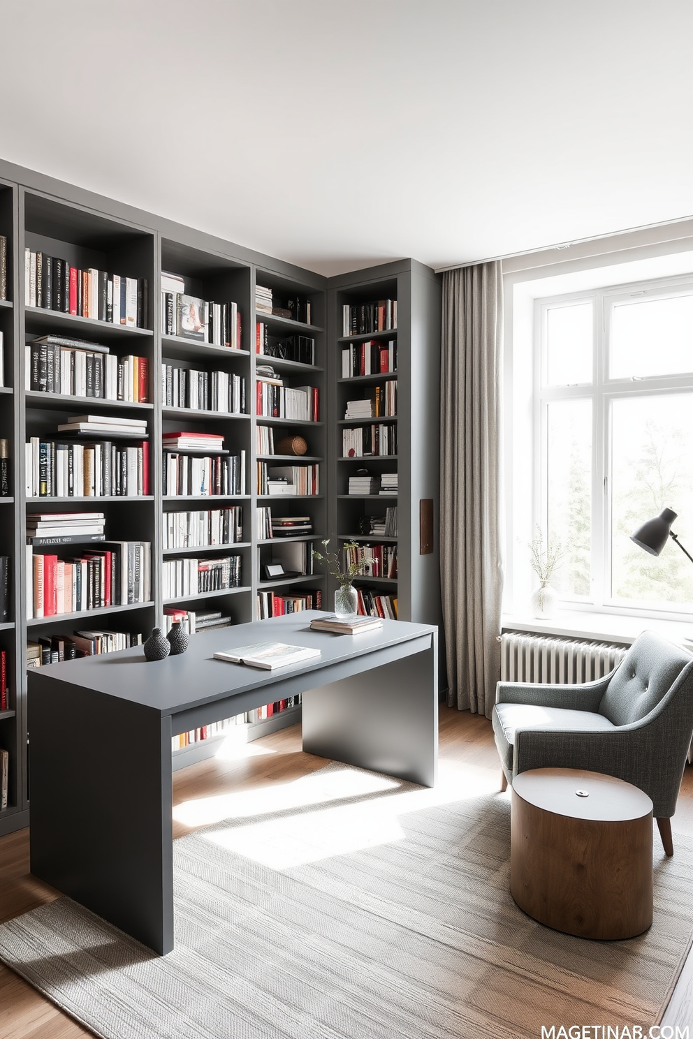 A stylish home library featuring an industrial gray bookcase with sleek metal accents. The space is designed for both functionality and aesthetics, with comfortable seating and warm lighting to create an inviting atmosphere.