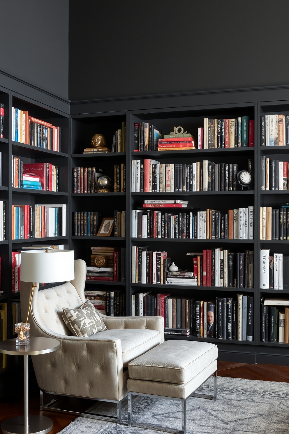 Elegant gray curtains drape gracefully from the ceiling, creating a soft and inviting ambiance in the space. The library features rich wooden shelves filled with books, complemented by a plush reading chair upholstered in a coordinating gray fabric.