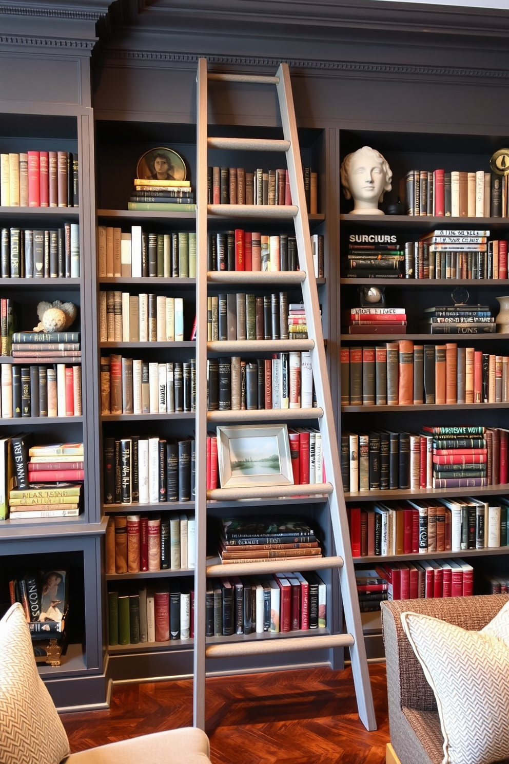 A cozy home library featuring gray and white striped wallpaper that adds a touch of elegance to the space. The room is filled with floor-to-ceiling bookshelves made of dark wood, showcasing a curated collection of books and decorative items. A plush gray sofa is positioned in the center, complemented by a chic white coffee table adorned with a stack of books and a small potted plant. Soft lighting from a stylish floor lamp creates a warm ambiance, inviting you to relax and enjoy a good read.