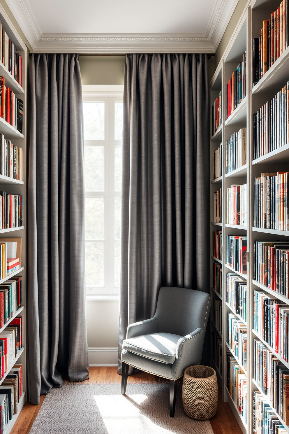 A minimalist gray desk with sleek lines sits in the center of the room, accompanied by a comfortable ergonomic chair. The desk is adorned with a few carefully chosen decorative items, creating an uncluttered workspace. Surrounding the desk, a home library features floor-to-ceiling bookshelves filled with an array of books and decorative accents. Soft ambient lighting highlights the gray tones of the shelves, creating a serene reading environment.