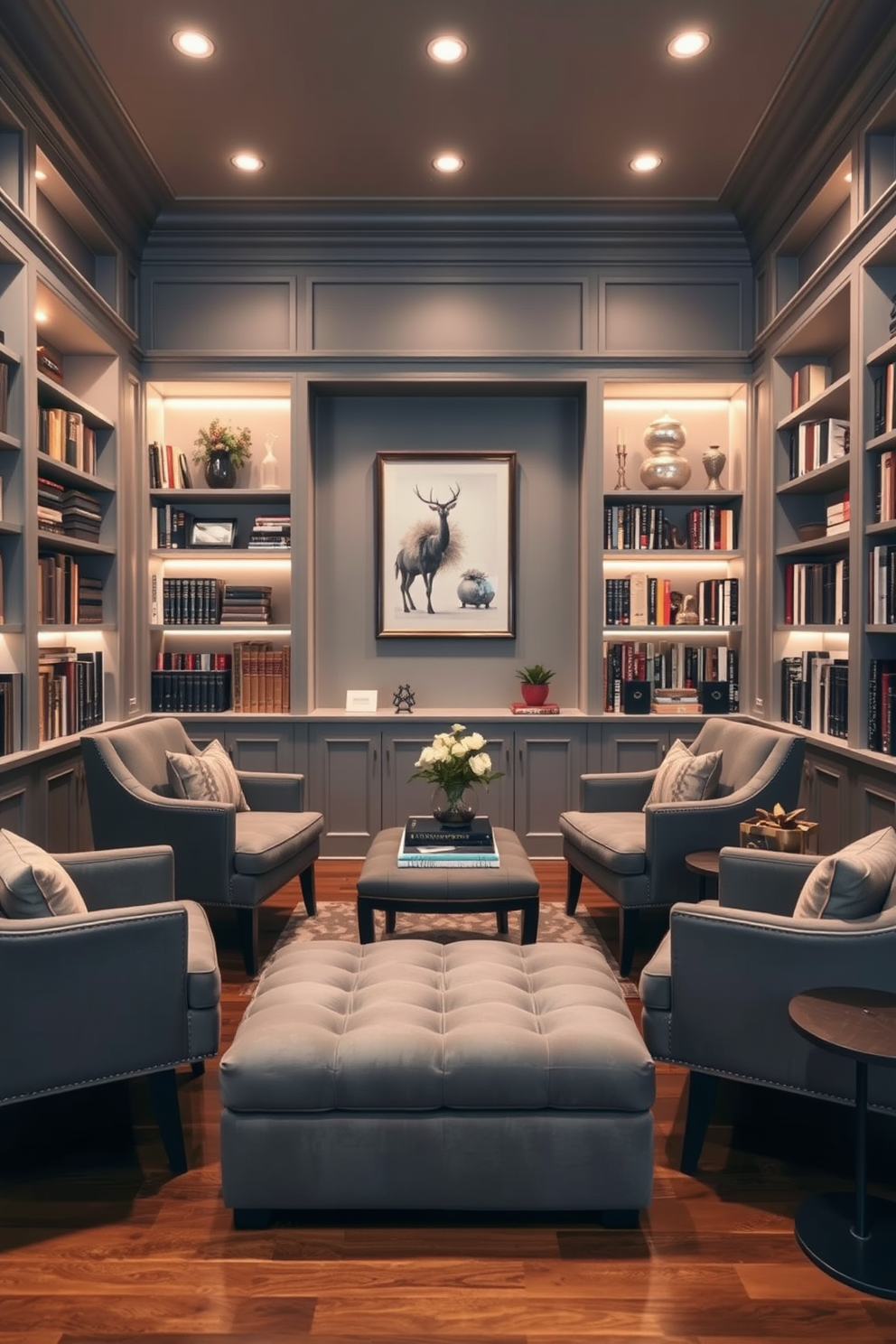 A cozy home library featuring gray bean bag chairs for casual seating. The walls are lined with dark wood bookshelves filled with an array of books, and a large window allows natural light to flood the space.