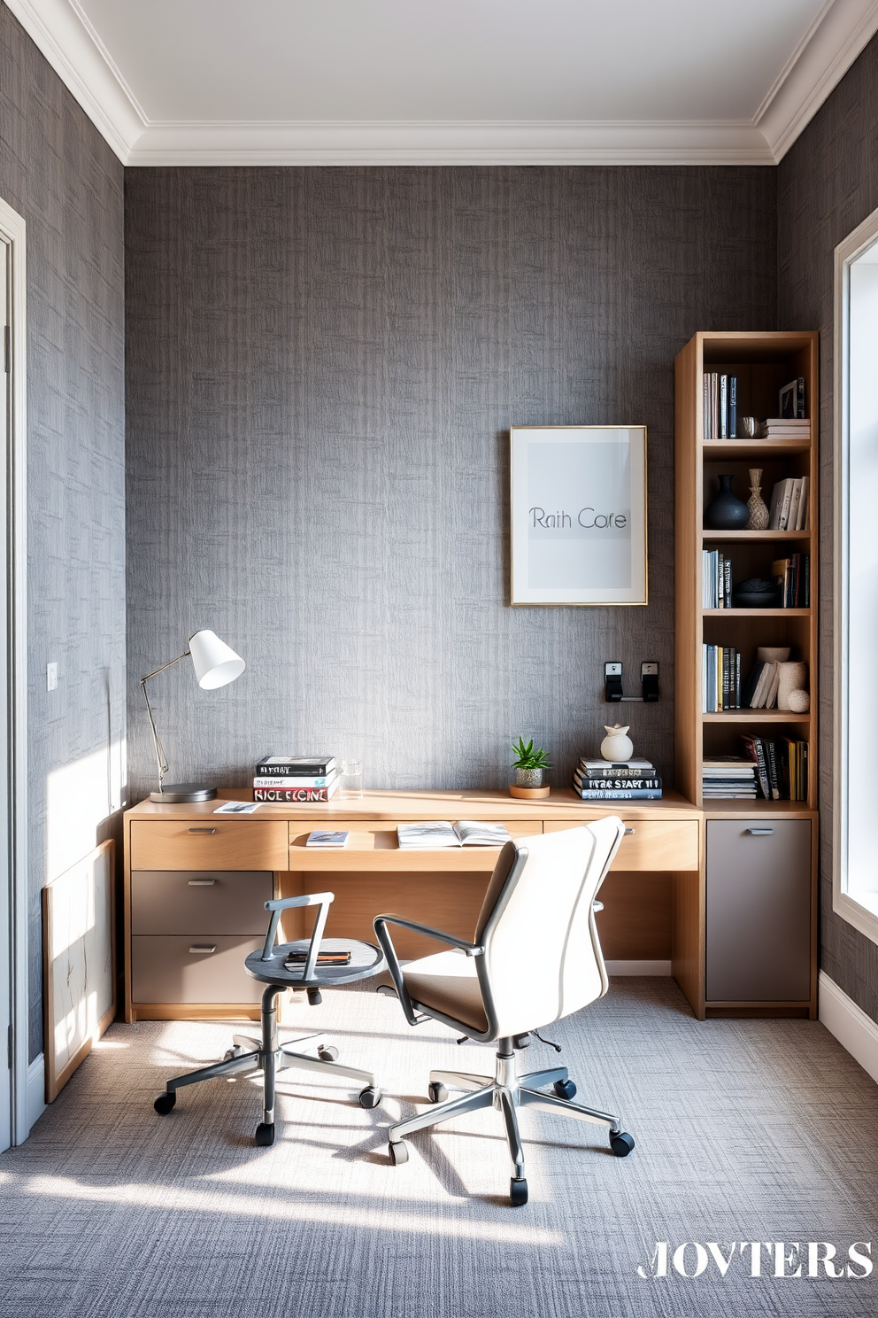 A stylish home office with gray wallpaper featuring a subtle texture that adds depth to the space. A sleek wooden desk is positioned against the wall, complemented by a comfortable ergonomic chair and a modern desk lamp. Large windows allow natural light to flood the room, enhancing the calming atmosphere. Shelves filled with books and decorative items are neatly arranged on either side of the desk, creating an organized and inspiring workspace.