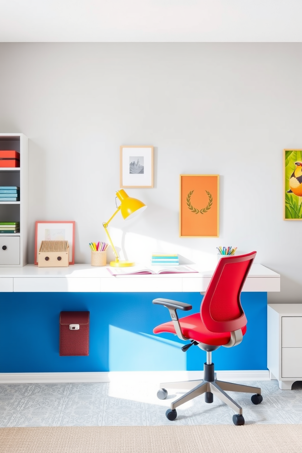 A bright gray home office with colorful accents creates an inviting and energetic workspace. The walls are painted in a light gray shade, complemented by a vibrant blue accent wall behind the desk. A sleek, modern desk sits in the center, adorned with a cheerful yellow desk lamp and a collection of colorful stationery. A comfortable ergonomic chair in a bold red hue provides both style and support for long working hours.