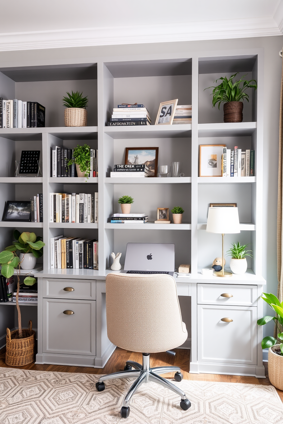 A stylish home office featuring open shelving in a light gray finish. The shelves are filled with neatly organized books, decorative items, and plants, creating a functional yet inviting workspace.