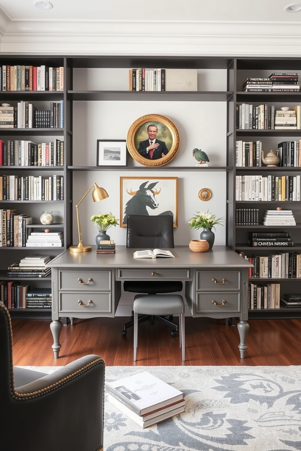 A vintage gray desk sits elegantly in the center of a modern home office. Surrounding the desk are sleek shelves filled with books and decorative items, creating a harmonious blend of classic and contemporary styles.