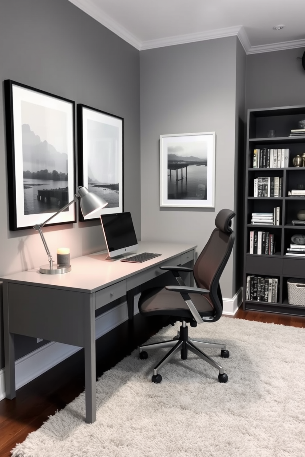 A stylish home office featuring layered gray tones that create a sense of depth and sophistication. The room includes a sleek gray desk paired with a comfortable ergonomic chair, illuminated by a modern desk lamp. The walls are adorned with framed artwork in varying shades of gray, adding visual interest to the space. A plush area rug in a lighter gray tone anchors the room, while a tall bookshelf filled with books and decorative items completes the design.