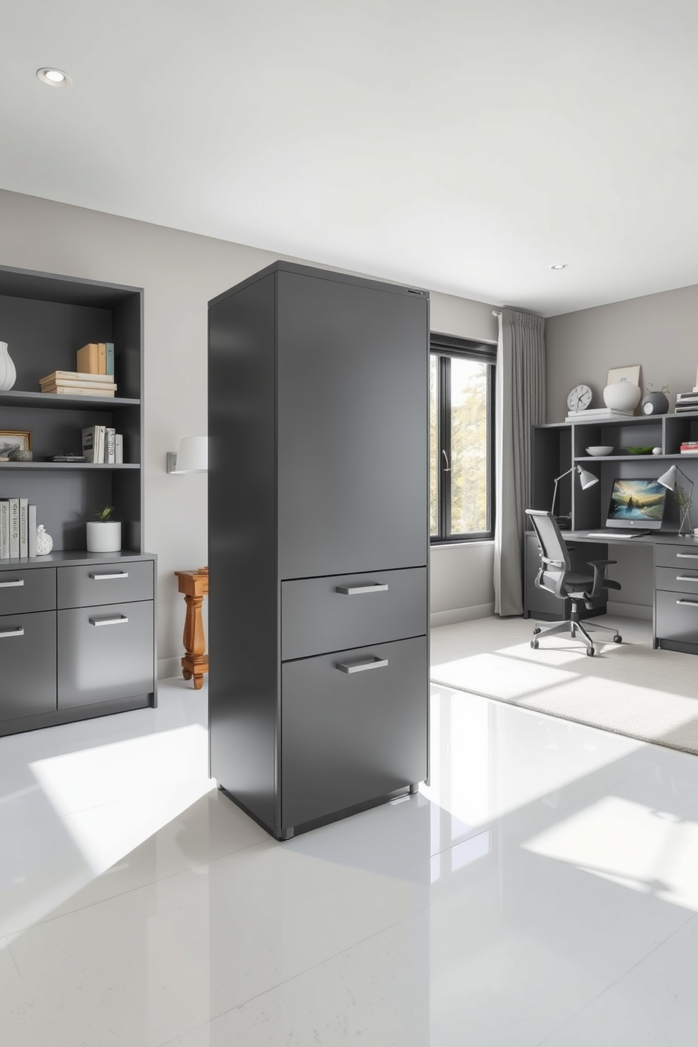 A stylish gray file cabinet stands prominently in a modern home office, designed for optimal organization and aesthetics. The cabinet features sleek lines and a minimalist design, complementing the overall gray color scheme of the space. The home office is adorned with contemporary furnishings, including a spacious desk and an ergonomic chair. Natural light floods the room through large windows, enhancing the calming atmosphere and highlighting the elegant gray tones.