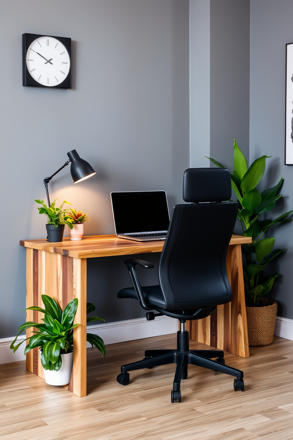 A warm gray home office setting designed for comfort and productivity. The walls are painted in a soft warm gray, complemented by a plush gray area rug on the hardwood floor. A sleek wooden desk with a minimalist design sits in front of a large window, allowing natural light to flood the space. On the desk, a stylish lamp and a few carefully arranged books create an inviting workspace.