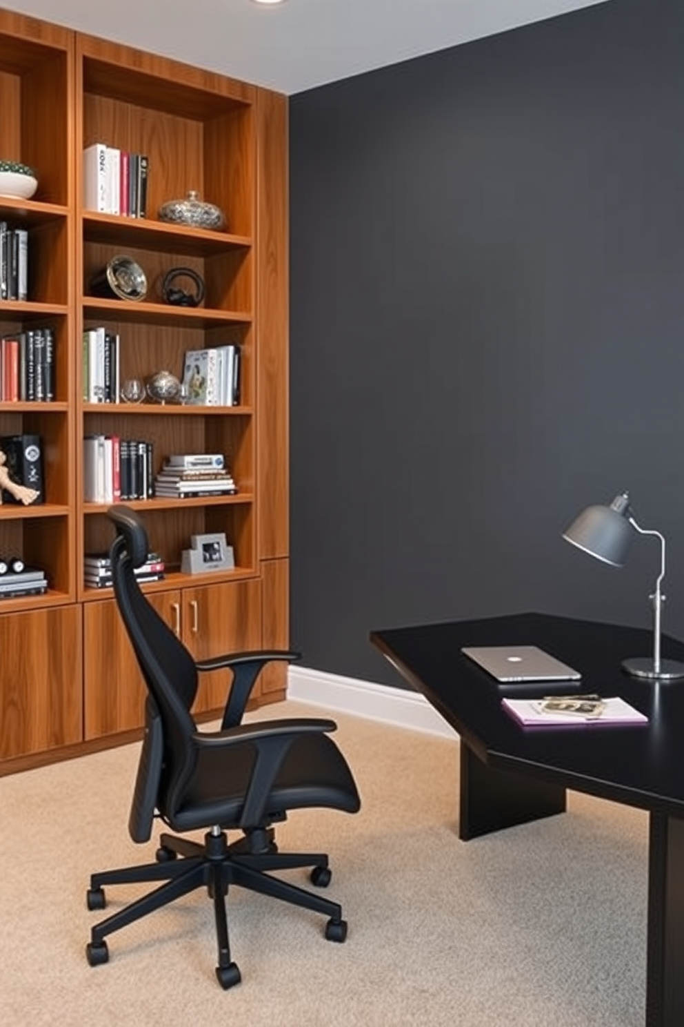 A modern desk made of sleek wood with clean lines is placed against a soft gray wall. The desk is paired with a stylish gray chair that features ergonomic design for comfort. On the desk, a minimalist lamp provides warm lighting, while a few carefully arranged stationery items add a touch of personality. A large window allows natural light to flood the space, enhancing the overall ambiance of the home office.