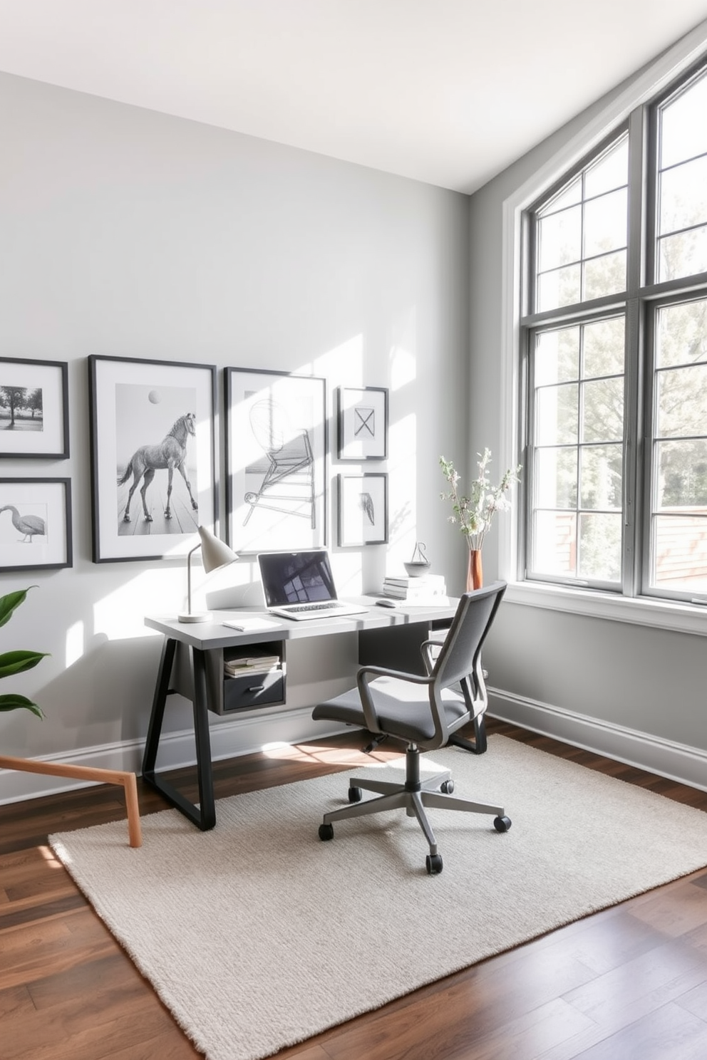 A stylish home office featuring a sleek gray desk positioned against a wall adorned with gray framed artwork. The room is illuminated by natural light streaming through large windows, creating a productive and inspiring workspace. Incorporate a comfortable ergonomic chair in a soft fabric, complemented by a cozy area rug beneath the desk. The walls are painted in a light gray tone, enhancing the overall calm and focused atmosphere of the office.