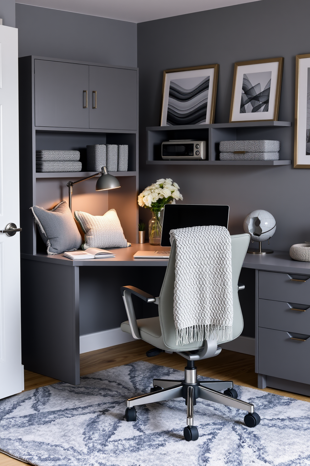 A modern home office featuring a gray accent wall adorned with framed photographs that showcase inspiring landscapes and abstract art. The workspace includes a sleek black desk paired with an ergonomic chair, complemented by a stylish bookshelf filled with books and decorative items.