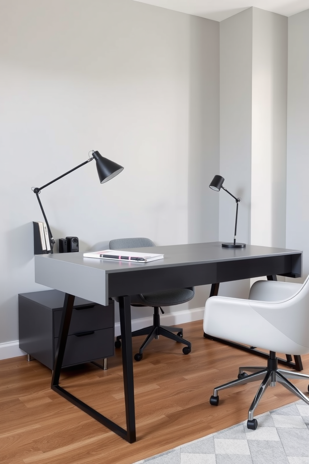 A functional gray workspace featuring dual monitors positioned on a sleek gray desk. The walls are painted in a soft gray hue, complemented by a cozy reading nook with a comfortable chair and a small bookshelf.