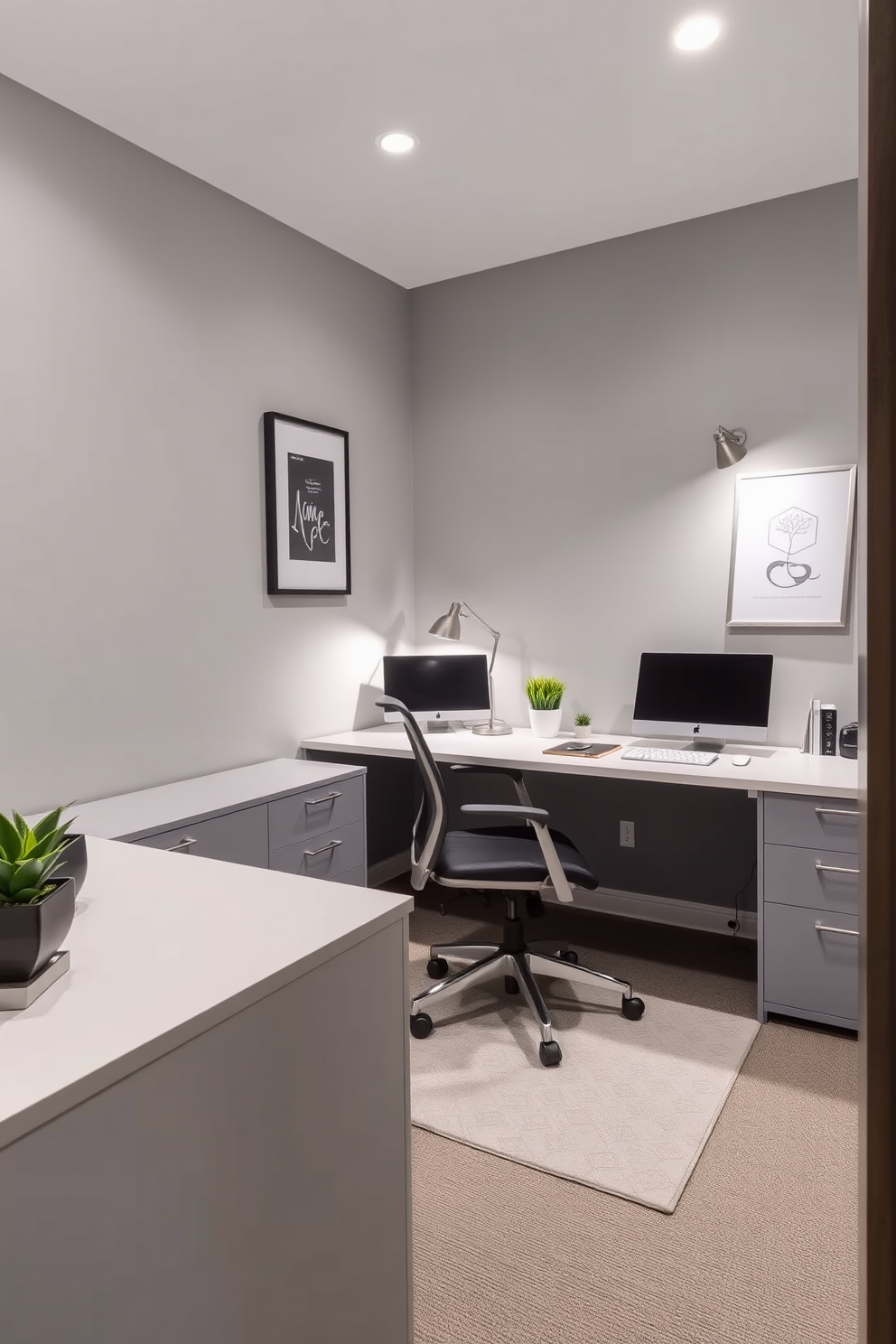 A functional gray workspace with sleek furnishings and ample task lighting. The walls are painted in a soft gray hue, complemented by a modern desk and an ergonomic chair.