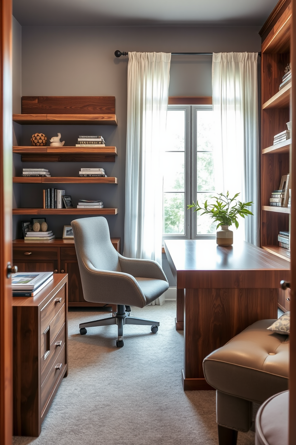 A cozy home office featuring warm gray tones complemented by rich wooden elements. The space includes a large wooden desk with sleek lines, paired with a comfortable upholstered chair in a soft gray fabric. Natural light floods in through a large window adorned with sheer white curtains, illuminating the room's inviting atmosphere. Shelves made of reclaimed wood display books and decorative items, enhancing the overall warmth of the design.