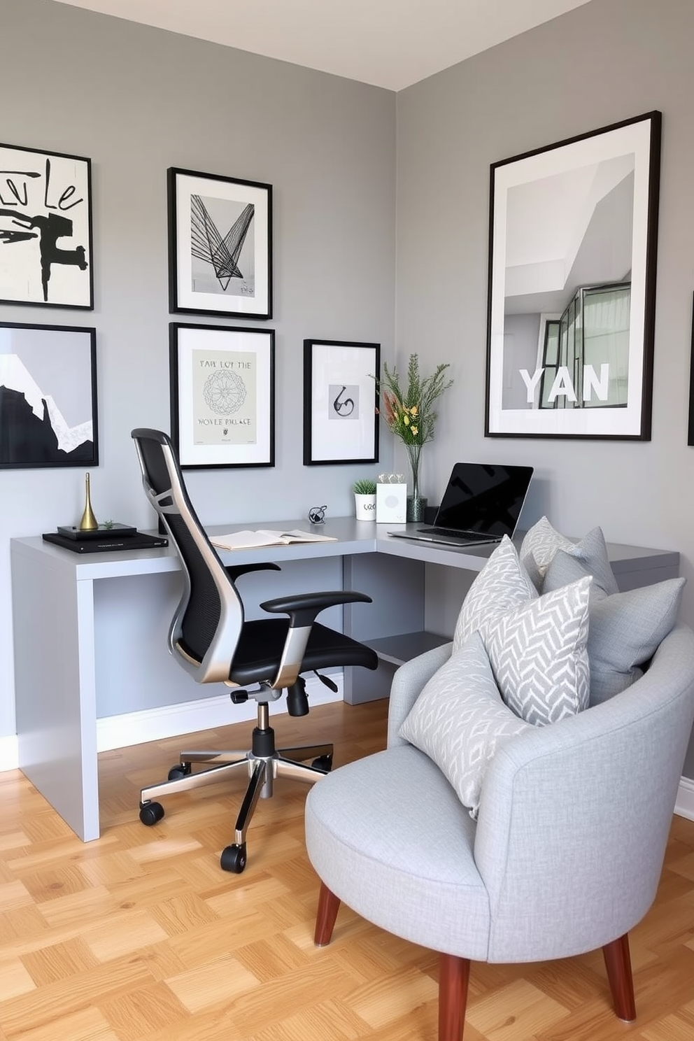 A luxurious home office featuring gray walls adorned with elegant gold accents. The space includes a sleek gray desk paired with a plush gold-accented chair, complemented by a stylish gold lamp on the desk. A large window allows natural light to flood the room, highlighting the rich textures of a gray area rug beneath. Decorative gold shelves display curated books and art pieces, adding sophistication to the overall design.