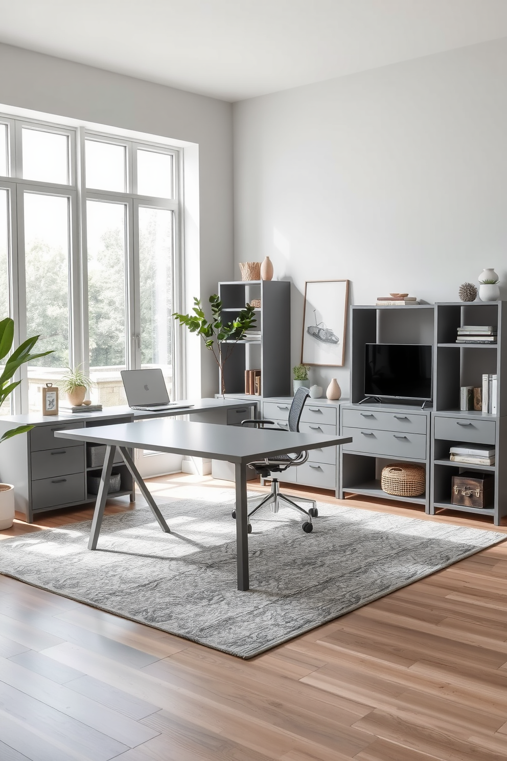 A gray workspace featuring vintage furniture pieces creates a timeless and inviting atmosphere. The room includes a large wooden desk with intricate carvings paired with a plush leather chair, and a vintage bookshelf filled with books and decorative items. Soft gray walls provide a serene backdrop, while a patterned area rug adds warmth to the space. Natural light floods in through a large window adorned with sheer curtains, enhancing the cozy and stylish ambiance.