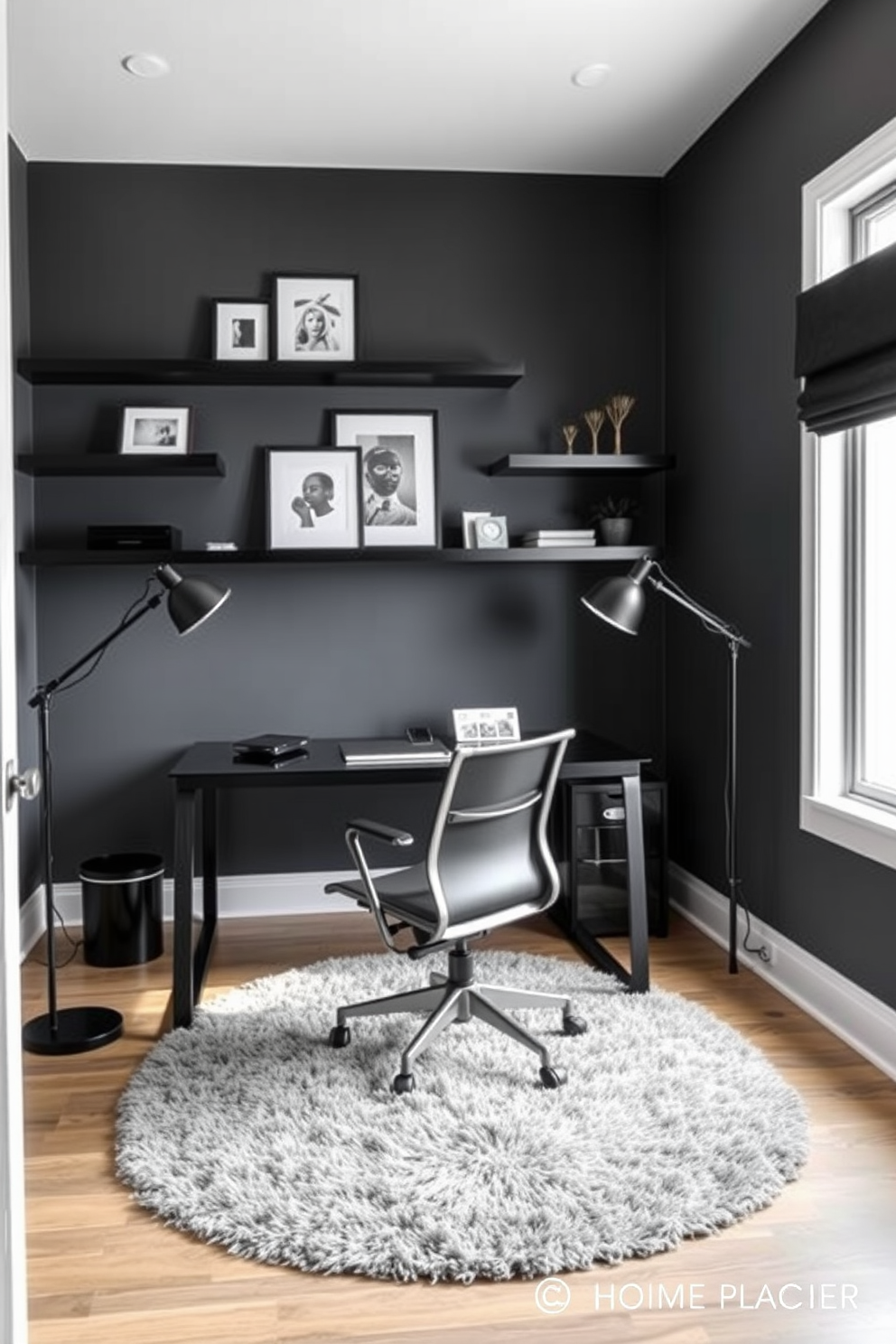 A dramatic gray and black home office featuring a sleek black desk with a glass top and ergonomic chair. The walls are painted in a deep charcoal gray, complemented by black floating shelves adorned with minimalist decor. A large window allows natural light to filter in, highlighting a plush gray area rug beneath the desk. Accent lighting includes a modern black floor lamp and stylish desk lamp, creating an inviting yet sophisticated workspace.