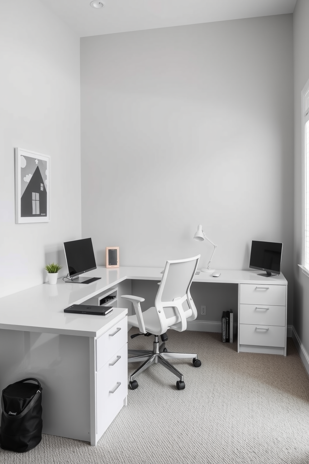 A modern home office with light gray walls that create a calming atmosphere. The room features sleek white furniture including a spacious desk and a comfortable ergonomic chair.