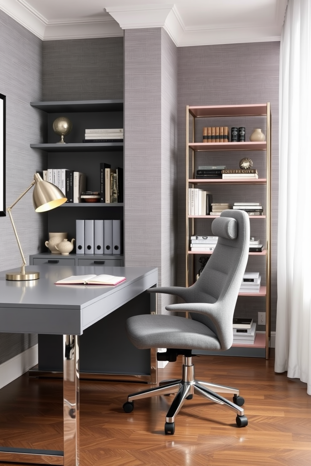 A sophisticated home office featuring elegant gray finishes complemented by metallic accents. The space includes a sleek gray desk with a polished chrome base and a comfortable ergonomic chair upholstered in a soft gray fabric. The walls are adorned with a subtle textured gray wallpaper, creating depth and interest. A stylish metallic bookshelf holds an array of books and decorative items, while a contemporary silver lamp provides warm lighting on the desk.