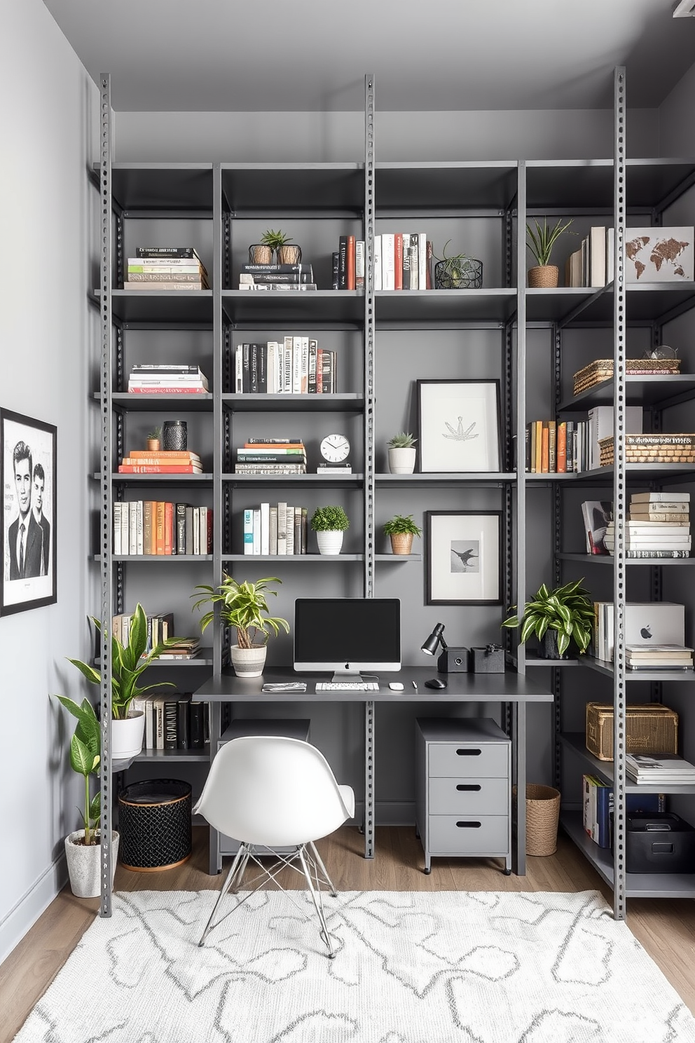 A modern home office featuring open shelving adorned with various gray decorative items. The workspace includes a sleek desk with a comfortable ergonomic chair, complemented by a soft area rug in a coordinating shade.