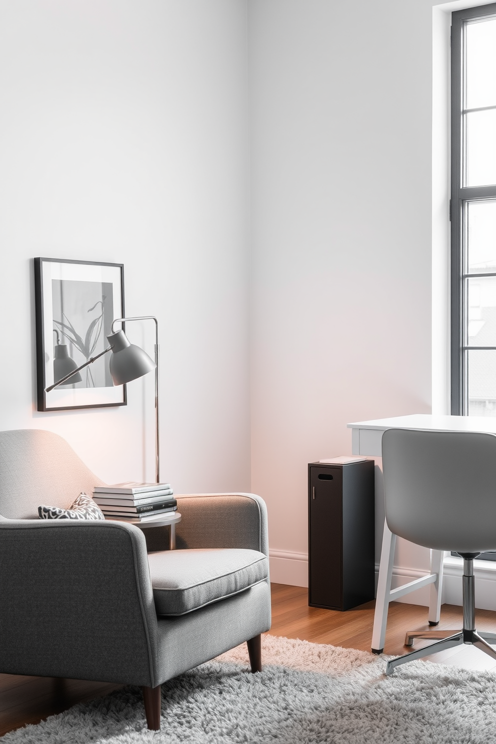 A modern home office featuring light gray walls that create a calming atmosphere. The room is furnished with dark wooden furniture, including a sleek desk and a comfortable chair, providing a striking contrast to the wall color.