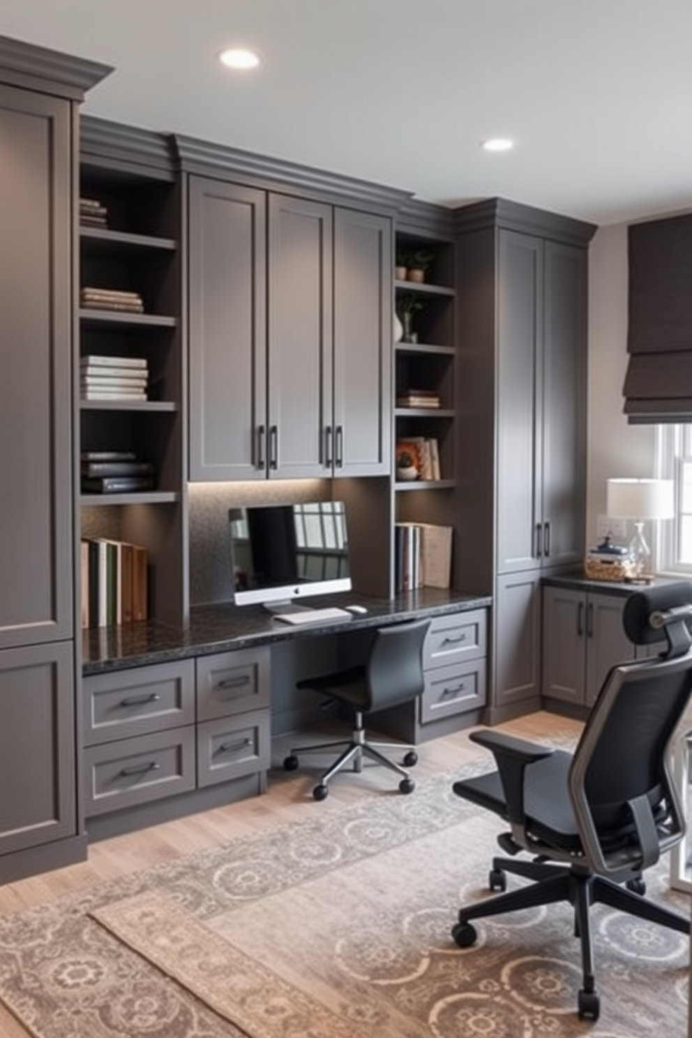 A modern home office featuring built-in gray cabinetry that provides ample storage space. The room is adorned with a sleek desk and an ergonomic chair, complemented by soft lighting and a minimalist aesthetic.