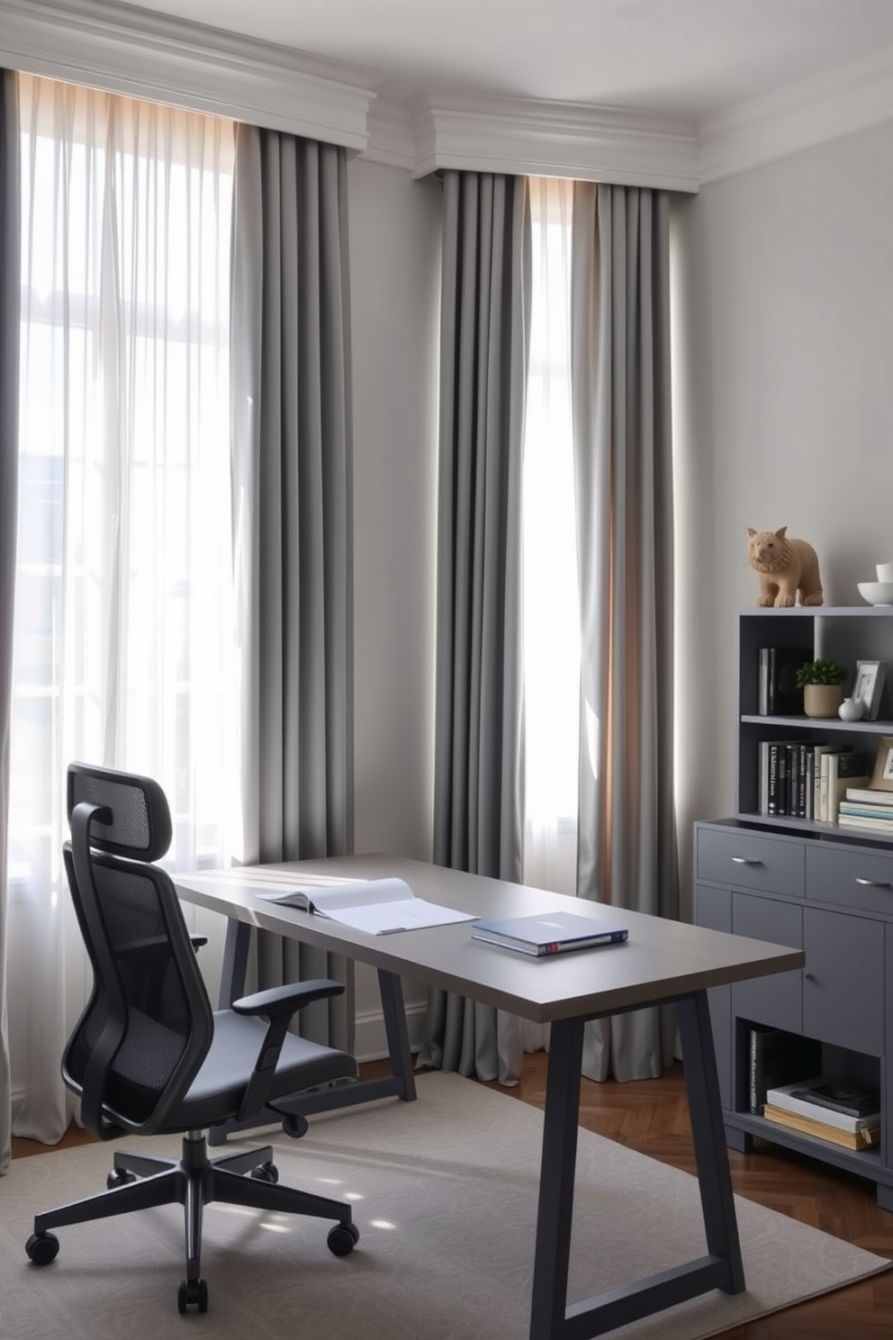 A serene home office setting with soft gray curtains allowing natural light to filter in softly. The room features a sleek gray desk paired with an ergonomic chair, complemented by a stylish bookshelf filled with books and decorative items.