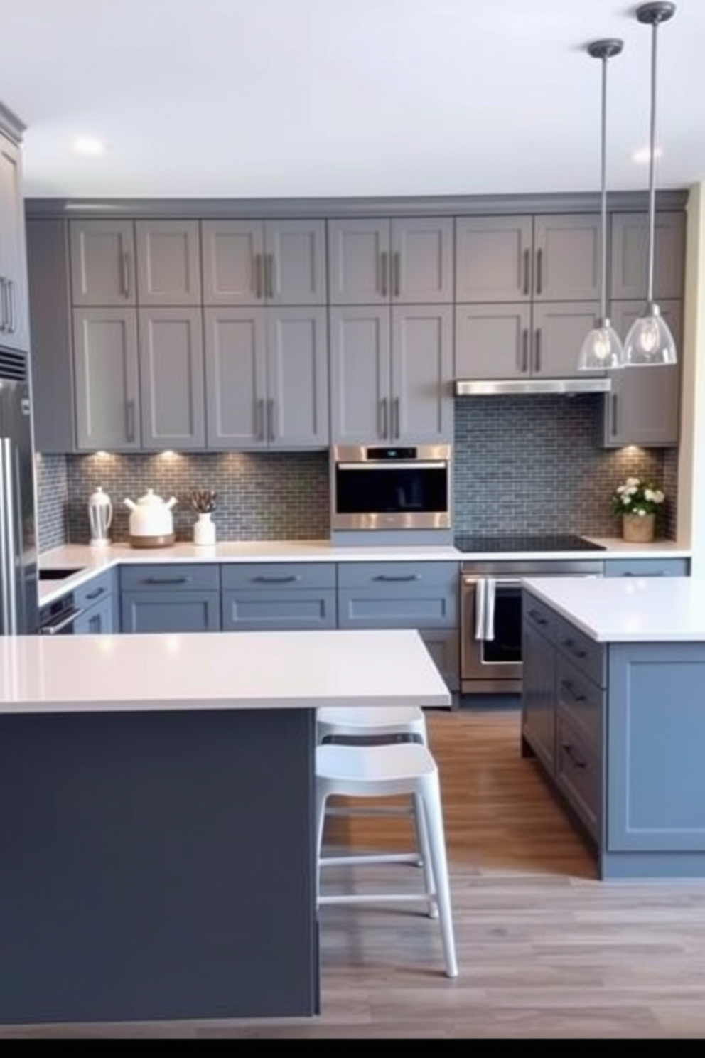 A modern kitchen featuring sleek gray cabinets paired with pristine white countertops. The space is illuminated by pendant lights hanging over a central island, creating a warm and inviting atmosphere.