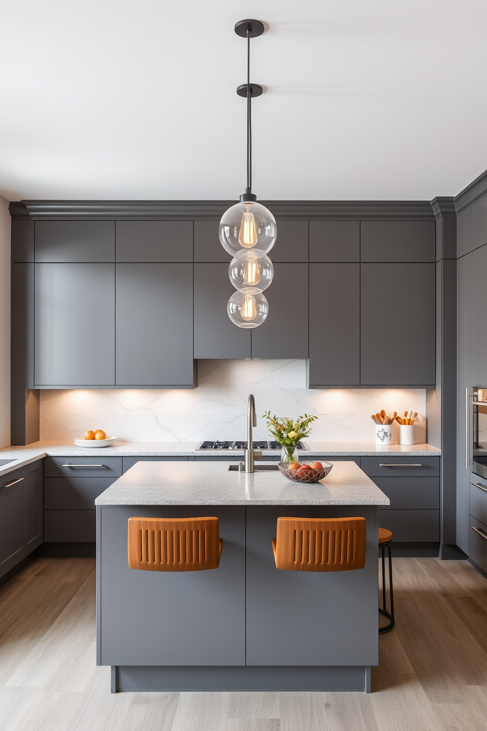 Contemporary gray kitchen featuring sleek cabinetry and a large island with bar seating. Pendant lights hang elegantly above the island, illuminating the space with a warm glow.