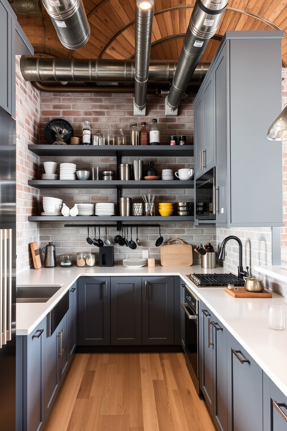 An industrial style kitchen featuring gray cabinetry and metal fixtures creates a modern yet rustic atmosphere. The open shelving displays an array of stylish kitchenware, while exposed piping and brick walls add to the edgy aesthetic.