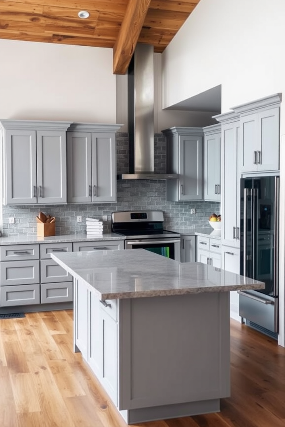 A warm gray kitchen featuring natural wood accents creates a cozy yet modern atmosphere. The cabinetry is a soft gray, complemented by a wooden island that serves as a focal point in the space. Open shelving made of reclaimed wood showcases stylish dishware and adds warmth to the design. A large window allows natural light to flood the room, enhancing the inviting ambiance.