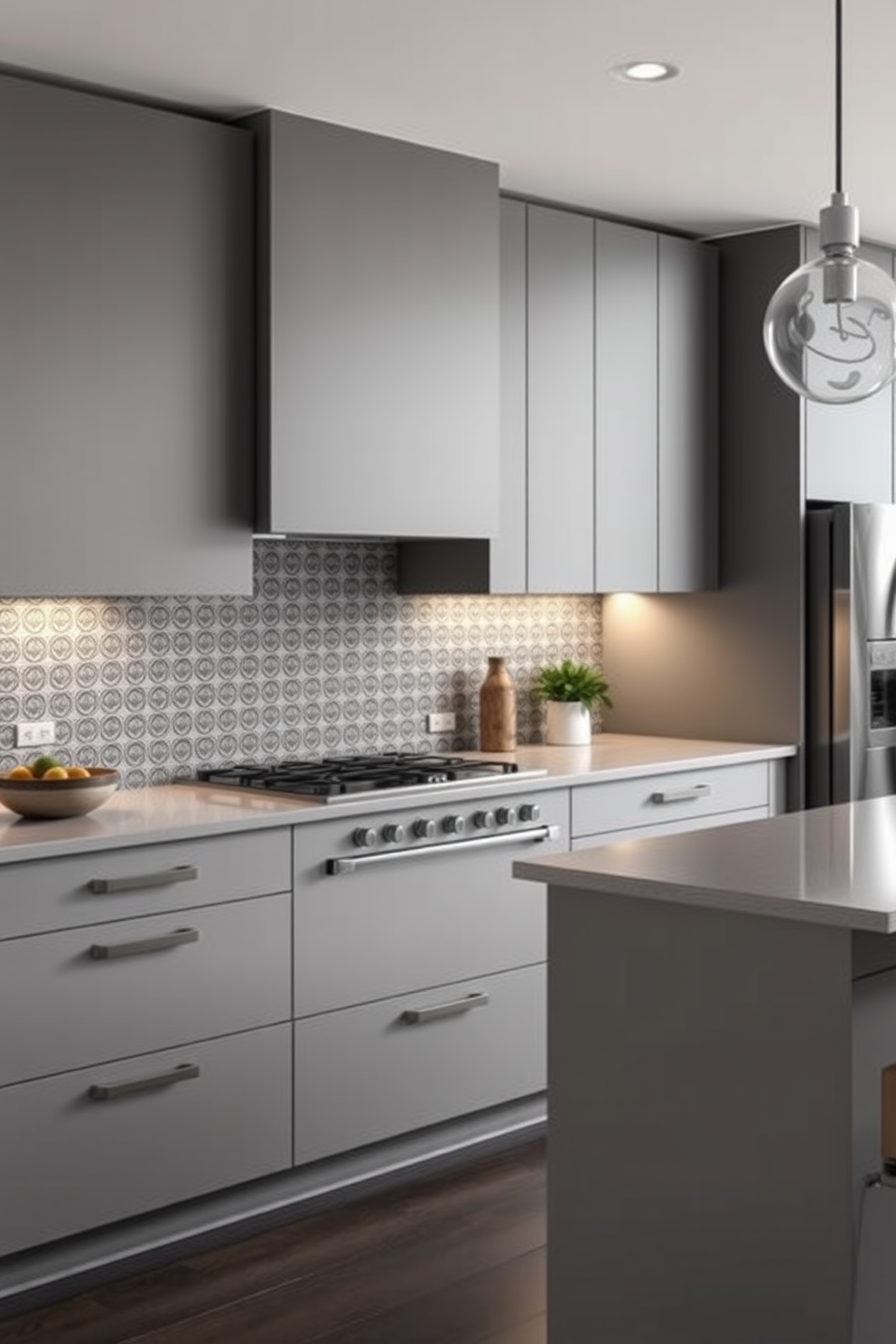 A contemporary kitchen featuring textured gray tiles as a backsplash. The cabinetry is sleek and modern with a matte finish, complemented by stainless steel appliances and a spacious island with bar seating.