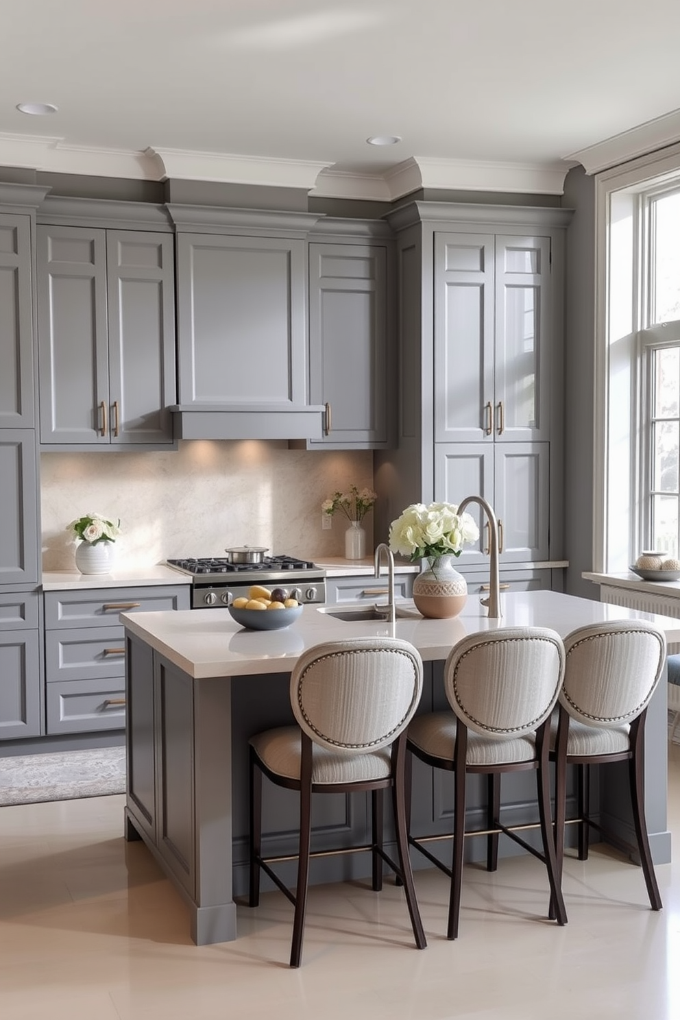 A sleek gray kitchen featuring cabinetry with elegant glass door fronts. The countertops are a light marble, complementing the modern appliances and providing a sophisticated touch.