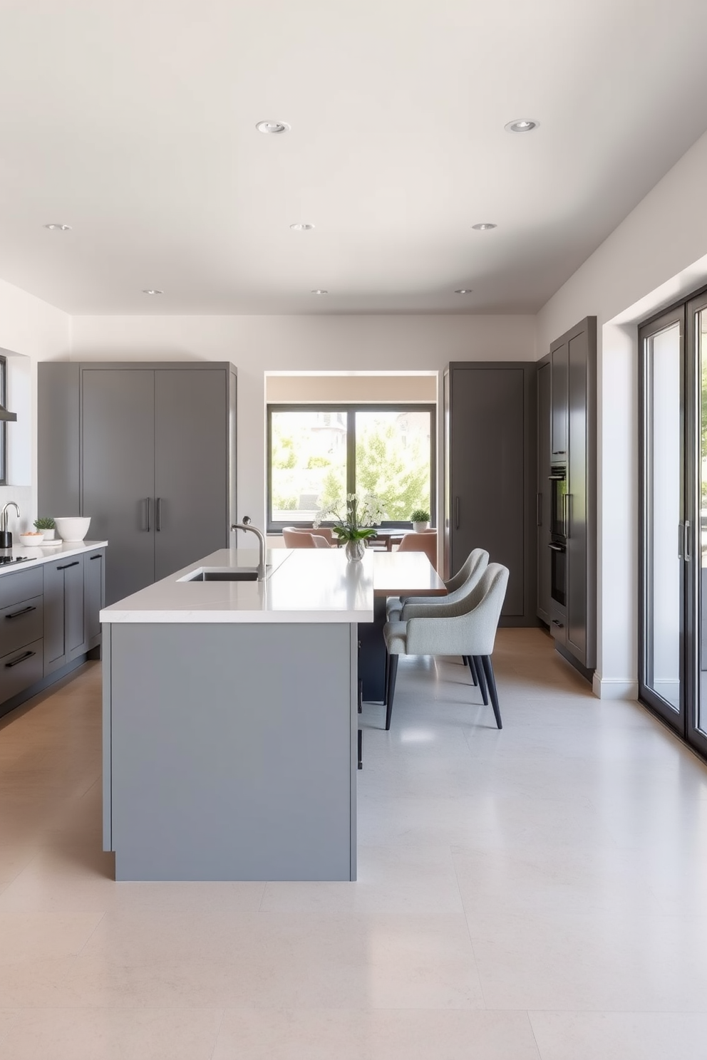 An open concept kitchen featuring sleek gray cabinetry and a large island with a waterfall countertop. The dining area includes a modern table surrounded by upholstered chairs, creating a seamless flow between cooking and dining spaces.