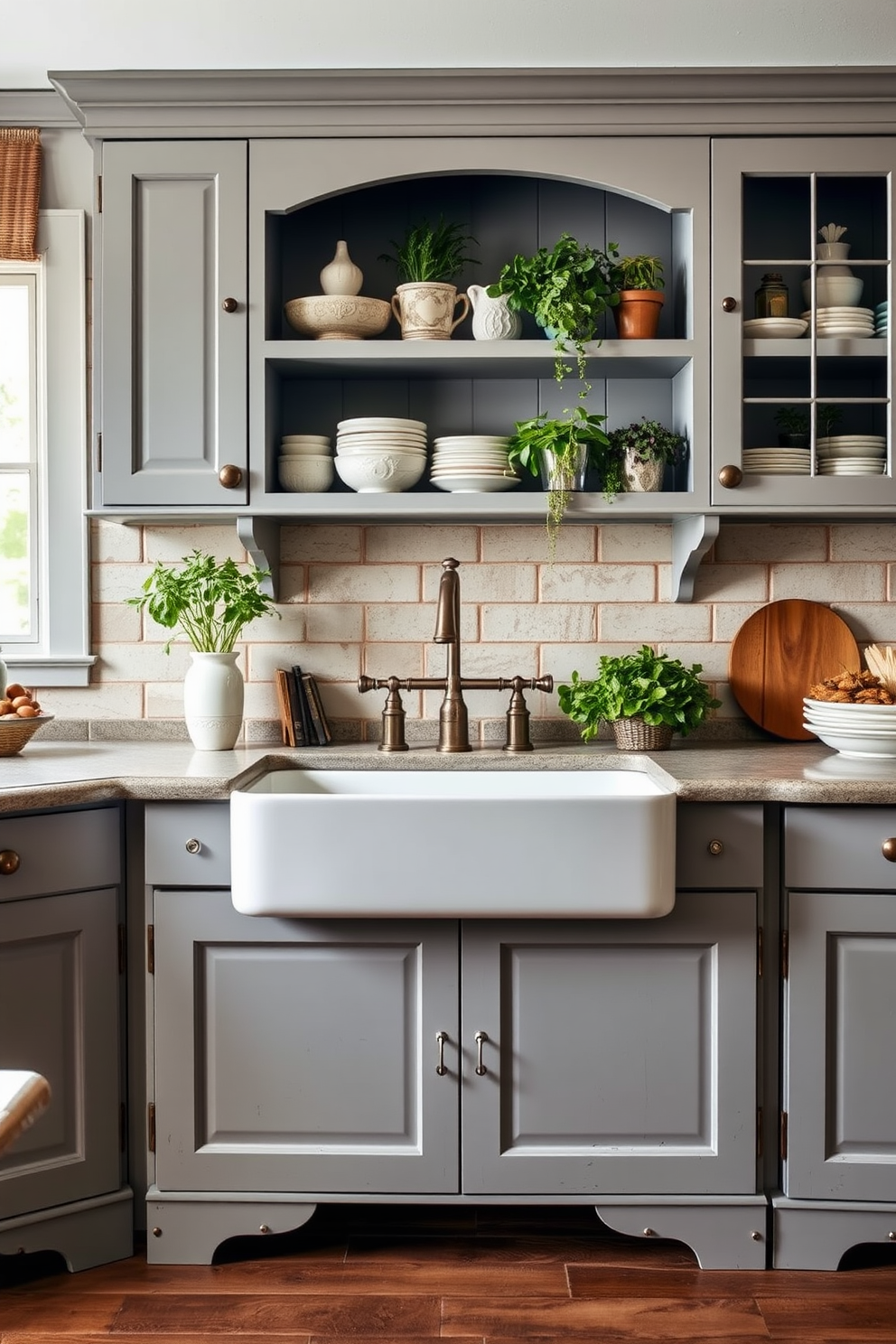 A rustic gray kitchen featuring a large farmhouse sink with an apron front. The cabinetry is a soft gray with vintage hardware, and open shelving displays rustic dishware and potted herbs.