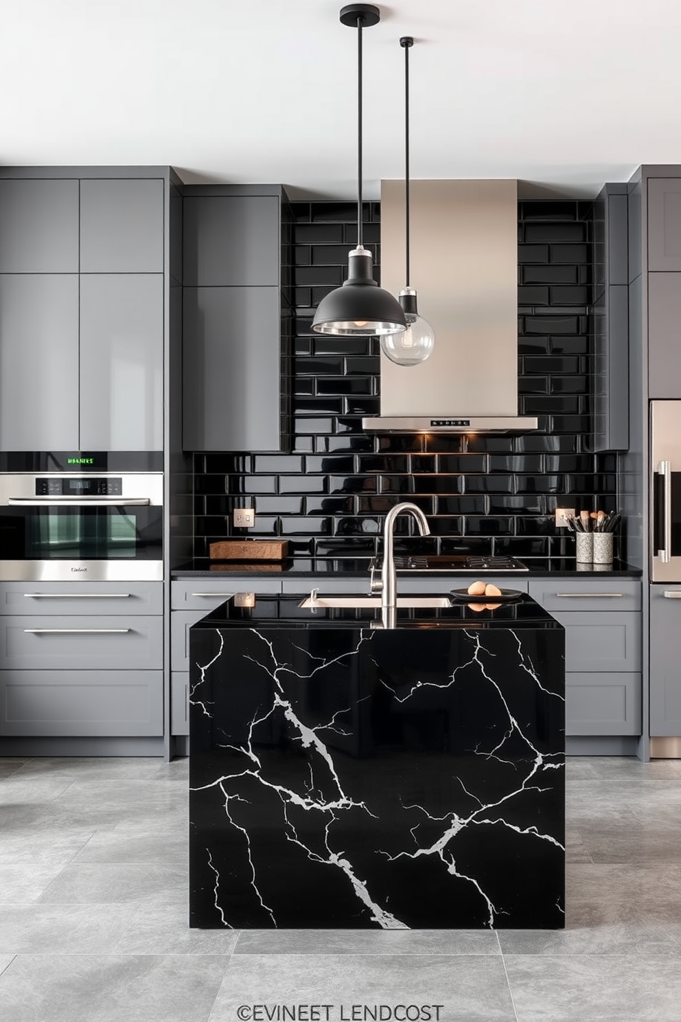 A sophisticated kitchen design featuring sleek gray cabinetry and a stunning black marble island. The backsplash is adorned with glossy black tiles that reflect light, creating an elegant atmosphere. Stainless steel appliances complement the modern aesthetic, while pendant lights with black shades hang above the island. The floor is finished with large gray tiles that add depth and sophistication to the space.